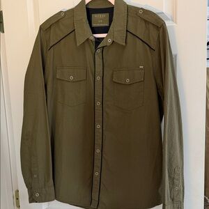 Guess Men’s Olive Green Textured Dobby Utility Snap Shirt Size L